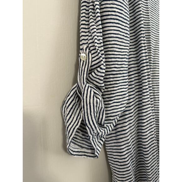 Adrienne Vittadini Size 2X Linen Back Button Three Quarter Navy Stripe Shirt - Picture 4 of 4